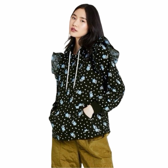 Sandy Liang Tops - Sandy Liang Black Hoodie with Blue Floral and White Polka Dots